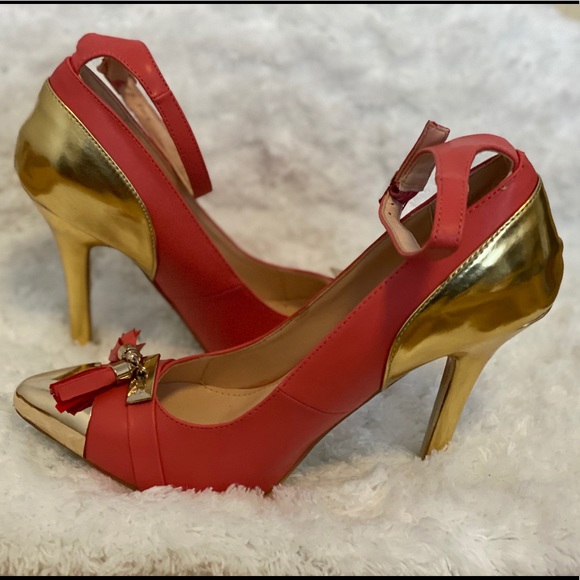 Coral/Gold Tassel Stiletto Pointed Toe Heels - Picture 5 of 6